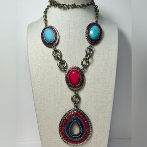 Faux Turquoise Coral Ethnic Costume Jewelry Necklace Silver Tone Adjustable